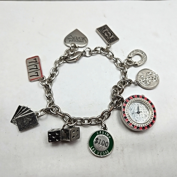 Inspired Silver Casino Las Vegas Dice Charm Bracelet Watch New Battery Lucky - Picture 1 of 12